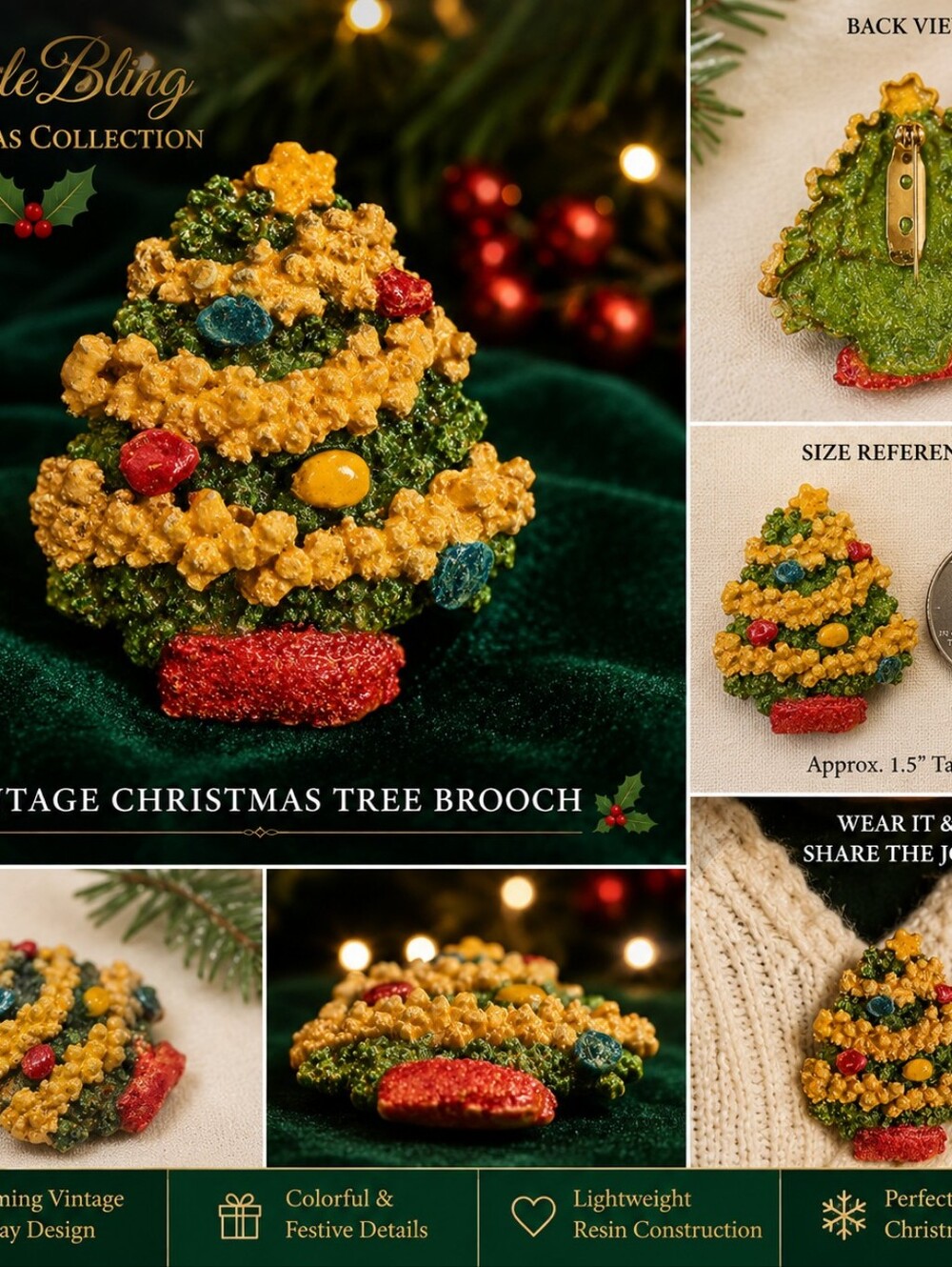 Vintage Resin Christmas Tree Brooch Popcorn Garland Colorful Holiday Pin 1950's
